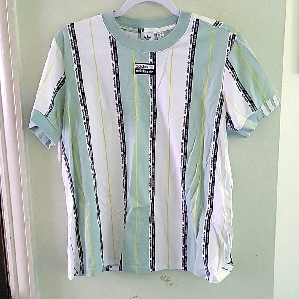 Adidas Womens XL, GREEN, WHITE W/YELLOW STRIPES T-SHIRT